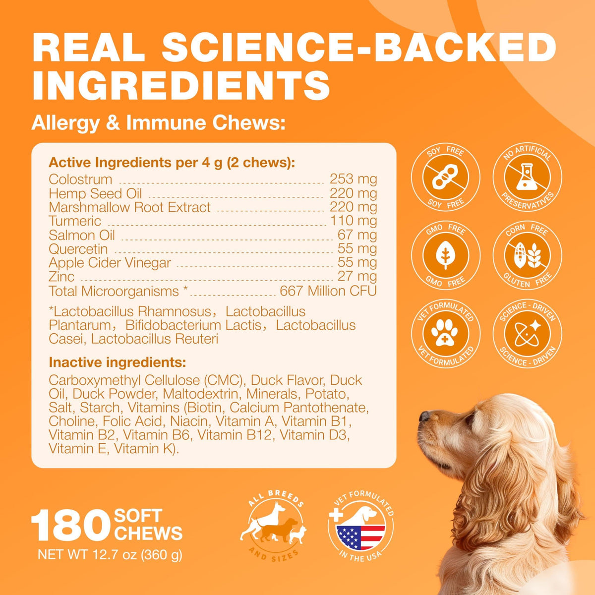 Dog allergy relief chews for itch relief, 180 count, supplement facts panel