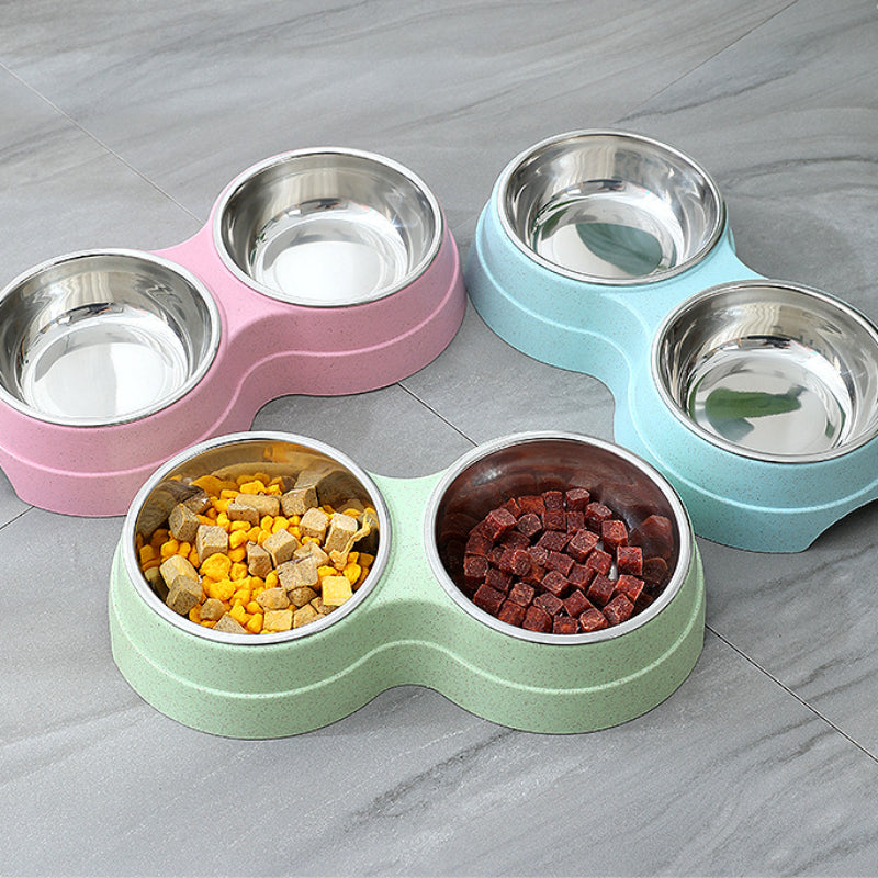 Double Stainless Steel Pet Bowls – Dog Food & Water Feeder – front view