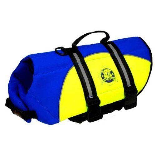 Paws Aboard Blue and Yellow Neoprene Pet Life Vest – front view