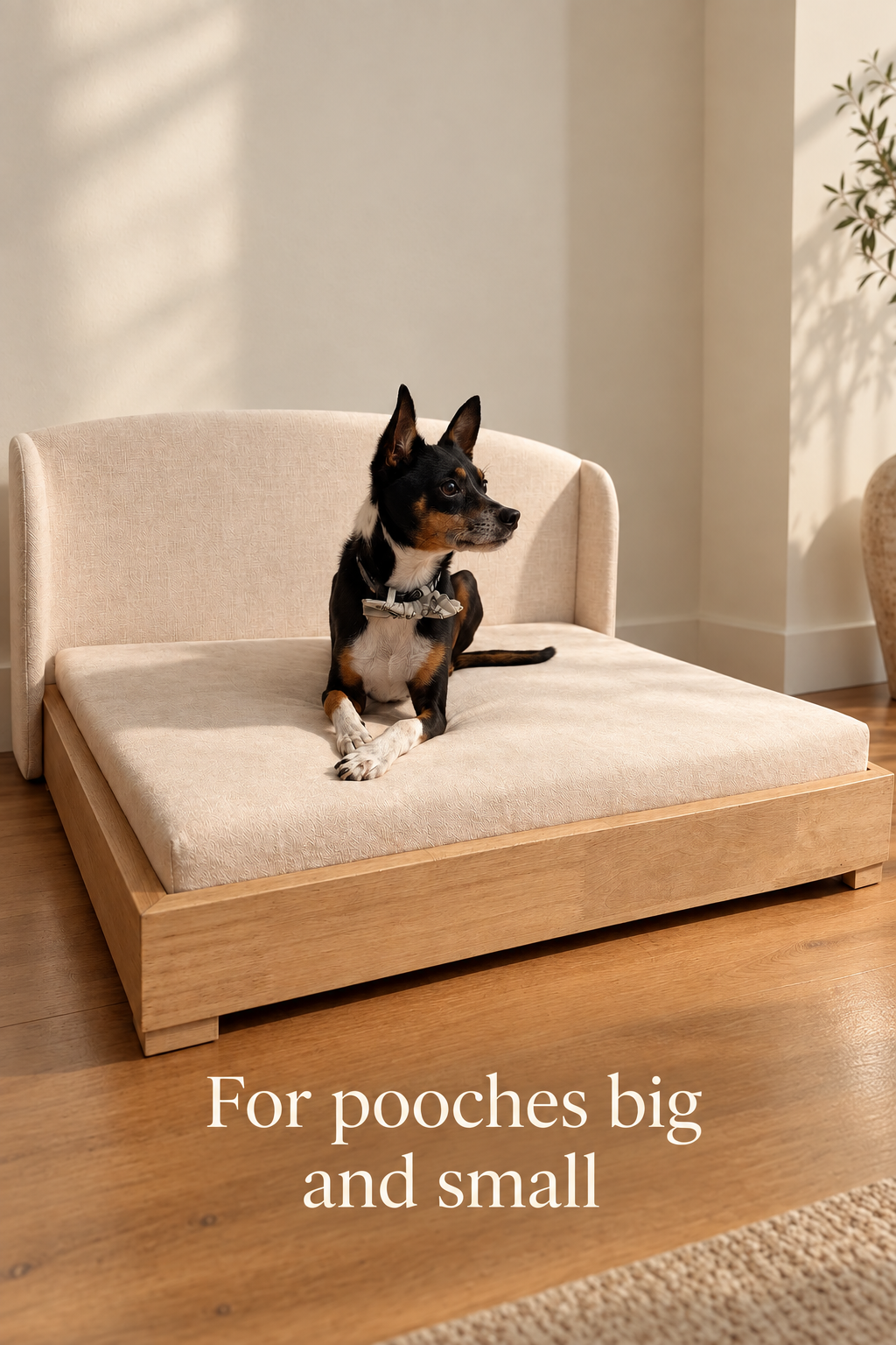 Furniture-grade hardwood dog bed with curved bolster backrest