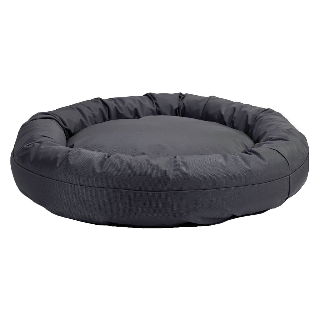 Chew-resistant round dog bed with memory foam mattress