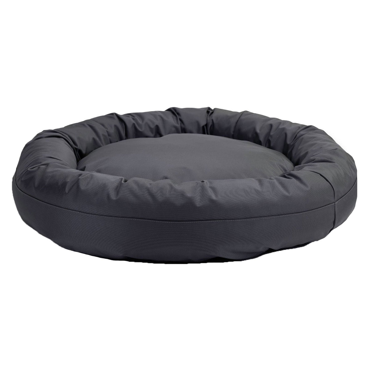 Chew-resistant round dog bed with memory foam mattress