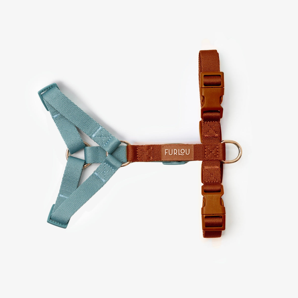 FURLOU blue and clay dog harness, gold hardware detail