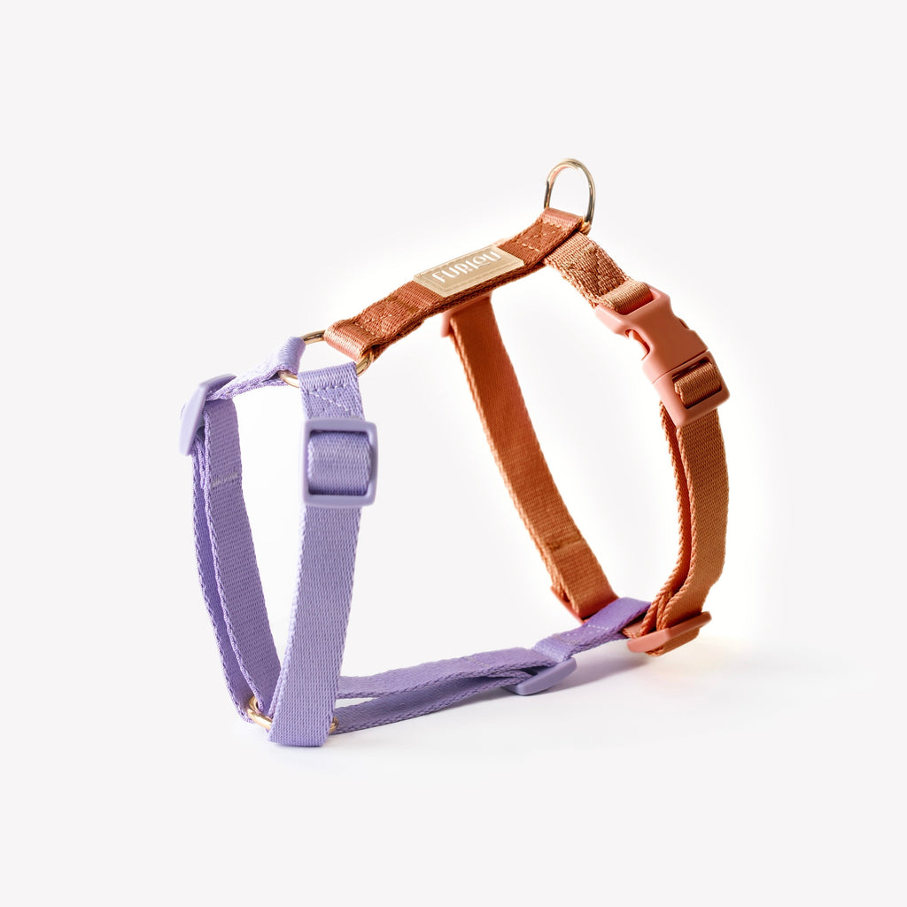 FURLOU lavender and terracotta dog harness, harness front view