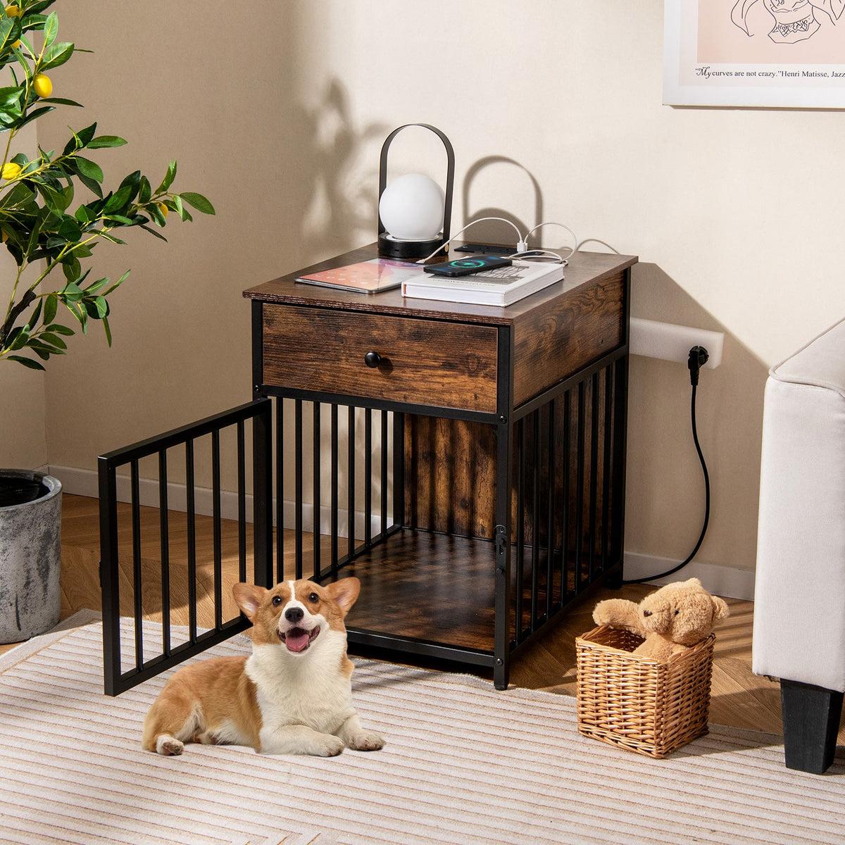 Dog Crate Furniture with Charging Station and Drawer Rustic Brown – photo 1 of 8