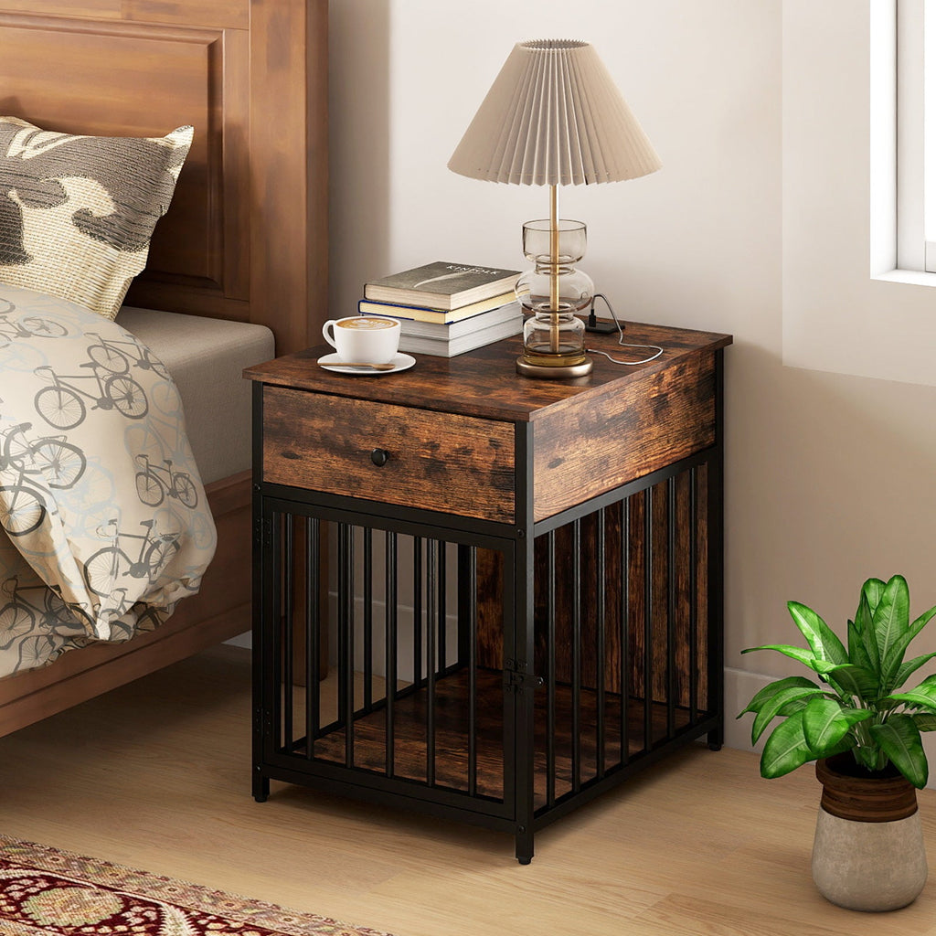 Dog Crate Furniture with Charging Station and Drawer Rustic Brown – photo 2 of 8