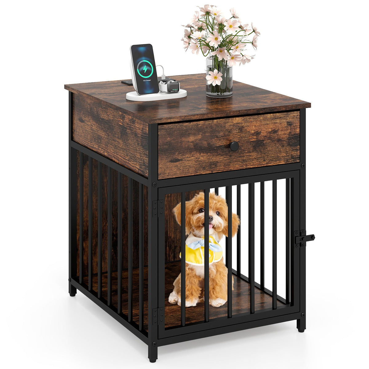 Dog Crate Furniture with Charging Station and Drawer Rustic Brown – photo 3 of 8