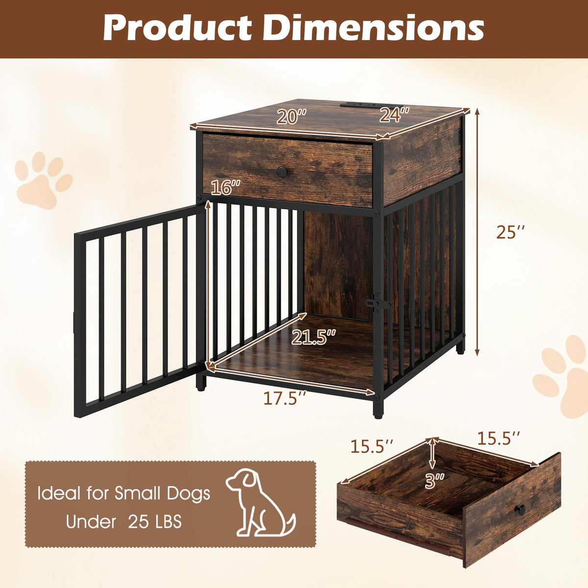 Dog Crate Furniture with Charging Station and Drawer Rustic Brown – photo 5 of 8