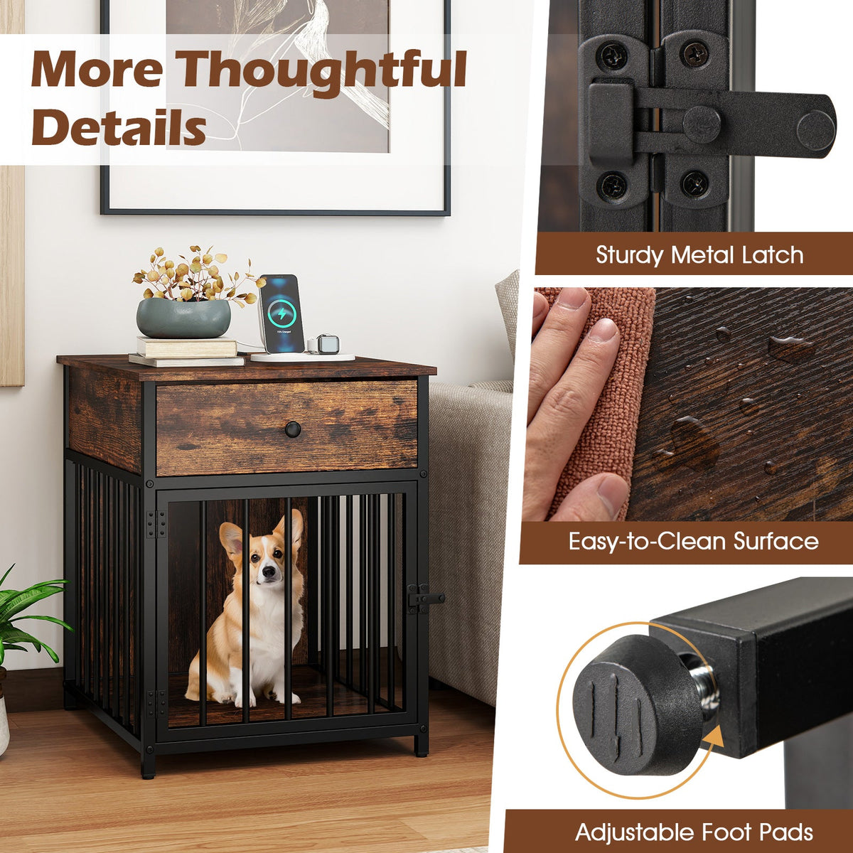 Dog Crate Furniture with Charging Station and Drawer Rustic Brown – photo 6 of 8