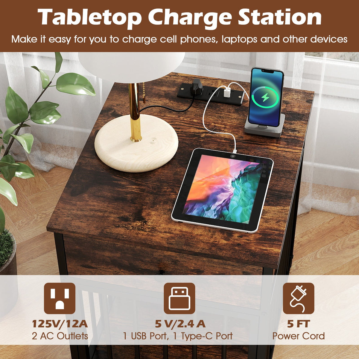 Dog Crate Furniture with Charging Station and Drawer Rustic Brown – photo 7 of 8