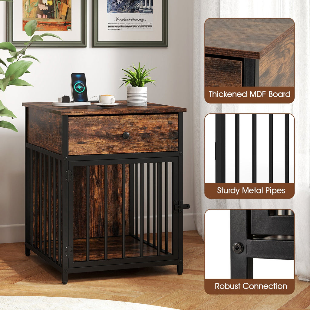 Dog Crate Furniture with Charging Station and Drawer Rustic Brown – photo 8 of 8