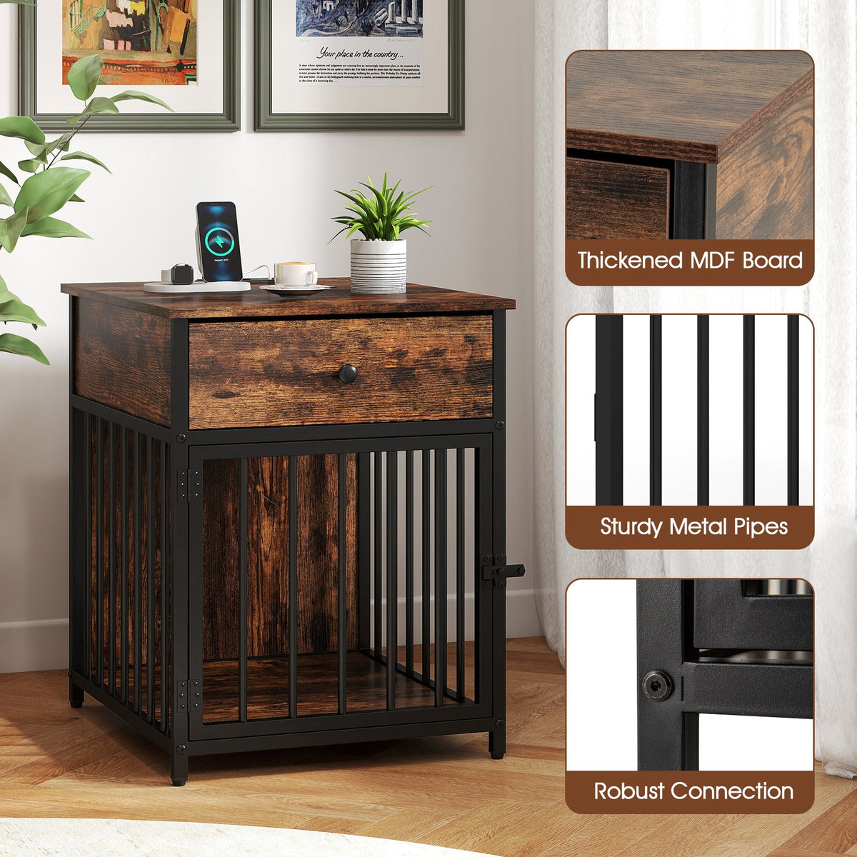 Dog Crate Furniture with Charging Station and Drawer Rustic Brown – photo 8 of 8
