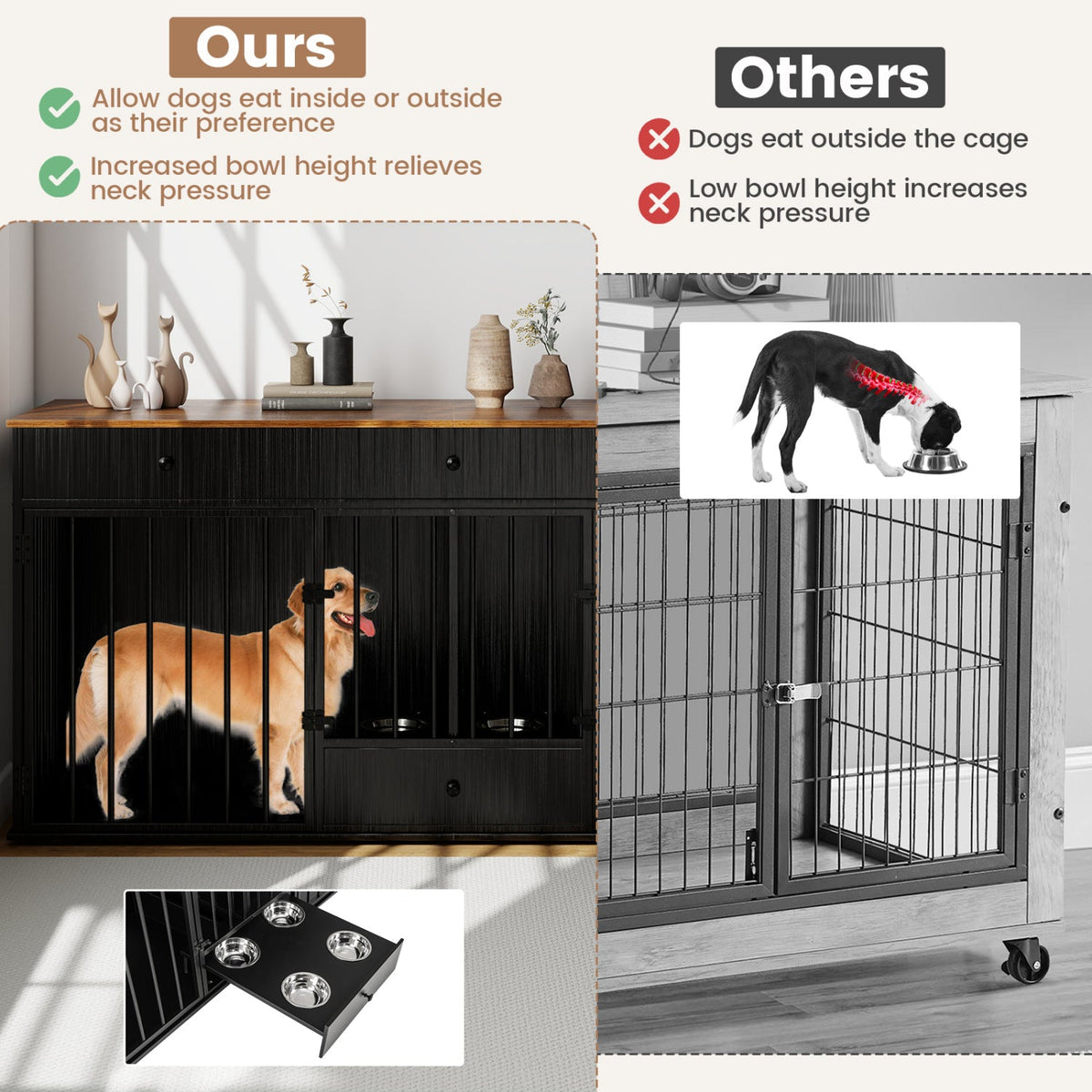 Dog Crate Furniture with Divider 3 Drawers and Pull-Out Feeder – photo 6 of 16