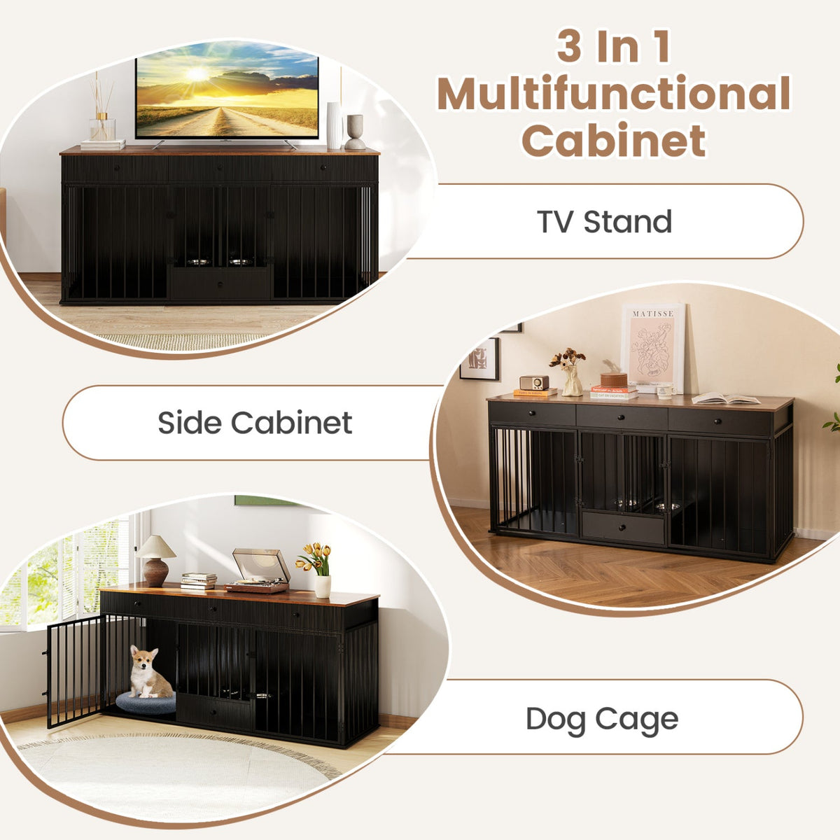 Dog Crate Furniture with Divider 3 Drawers and Pull-Out Feeder – photo 8 of 16