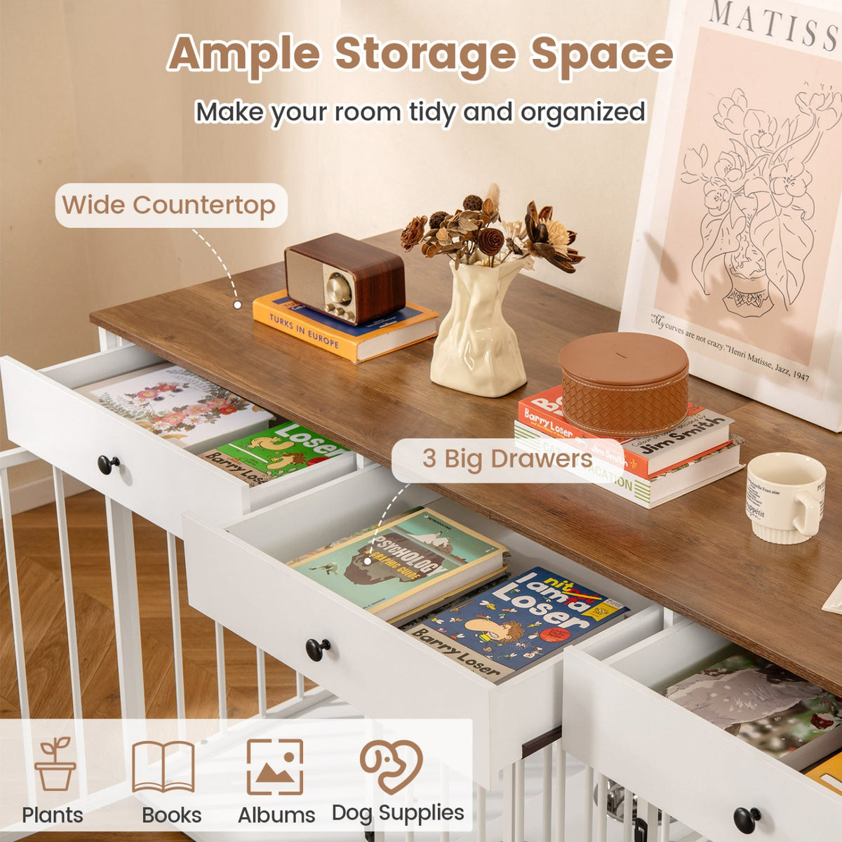 Dog Crate Furniture with Divider 3 Drawers and Pull-Out Feeder – photo 14 of 16