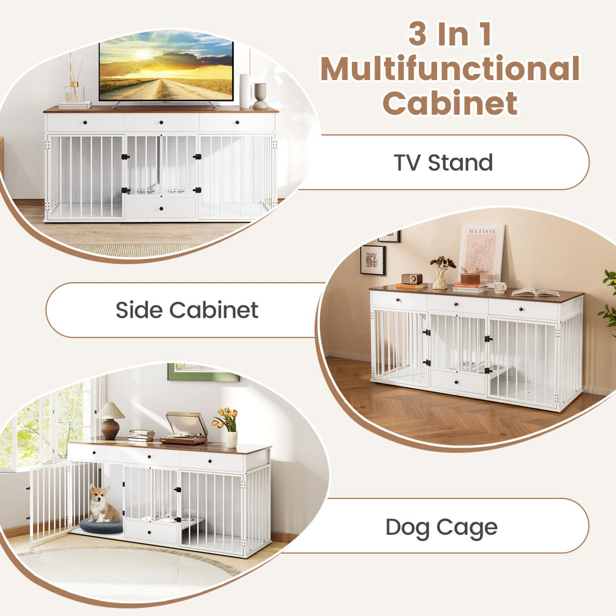 Dog Crate Furniture with Divider 3 Drawers and Pull-Out Feeder – photo 15 of 16