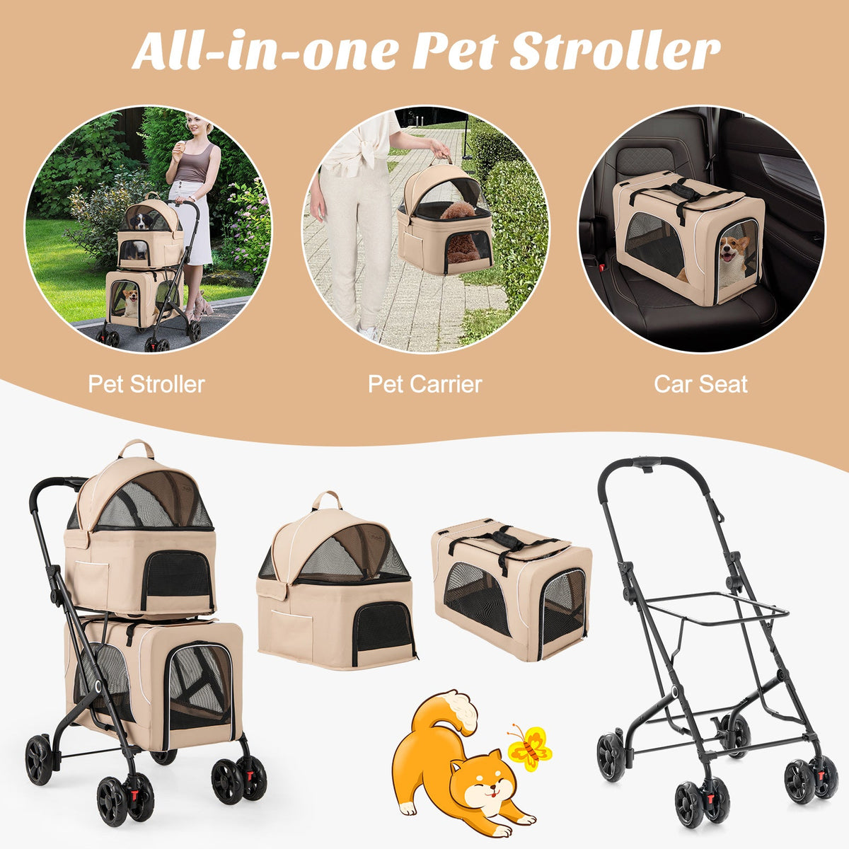 Double Pet Stroller Foldable 3-in-1 with 2 Detachable Carriers – photo 5 of 10