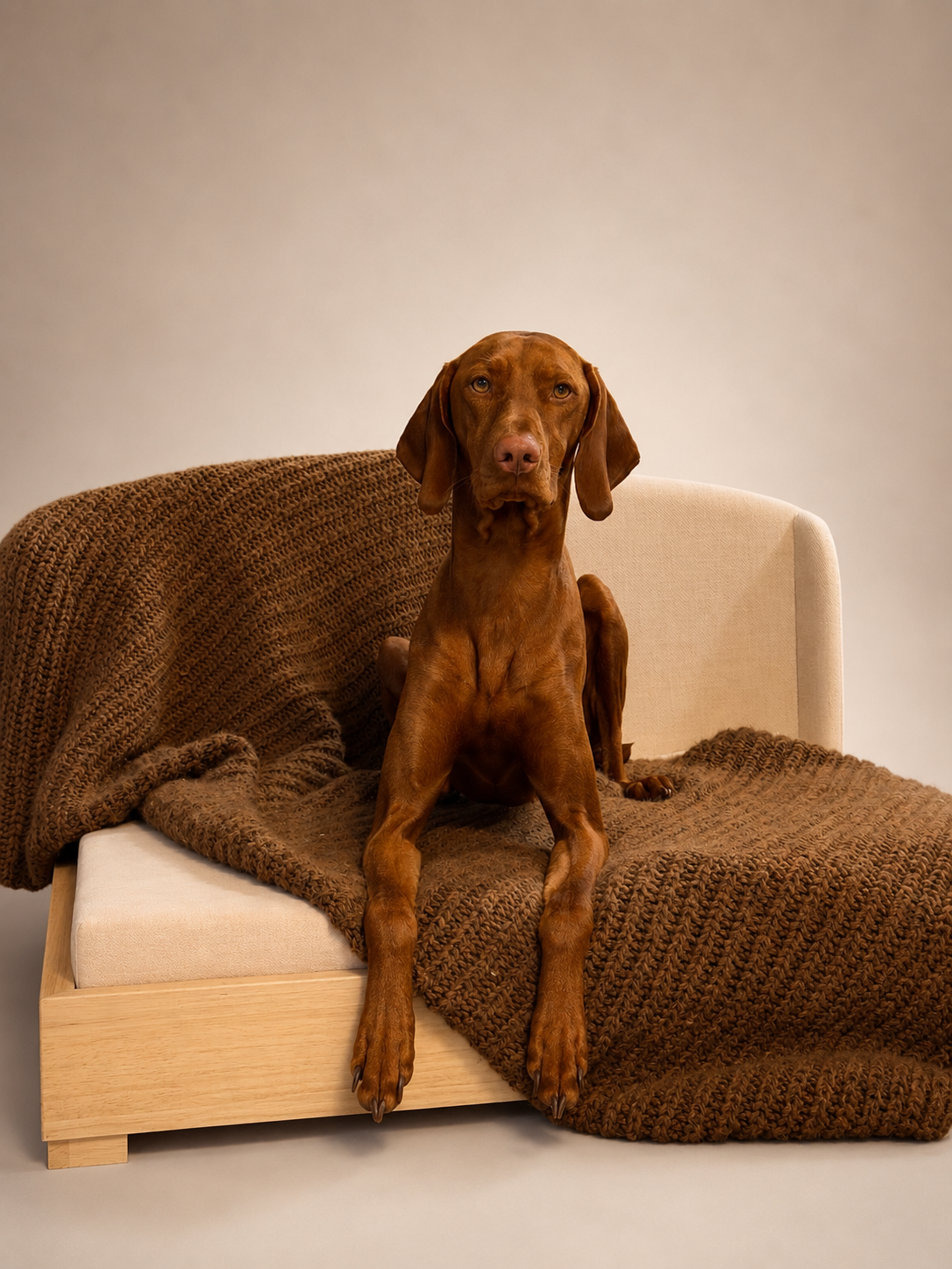 Furniture-grade hardwood dog bed with curved bolster backrest