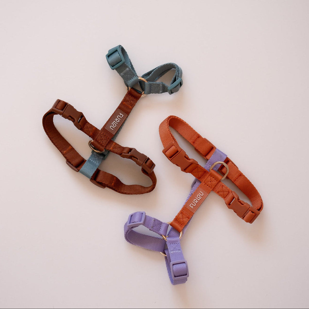 FURLOU blue and clay dog harness, adjustable straps close-up