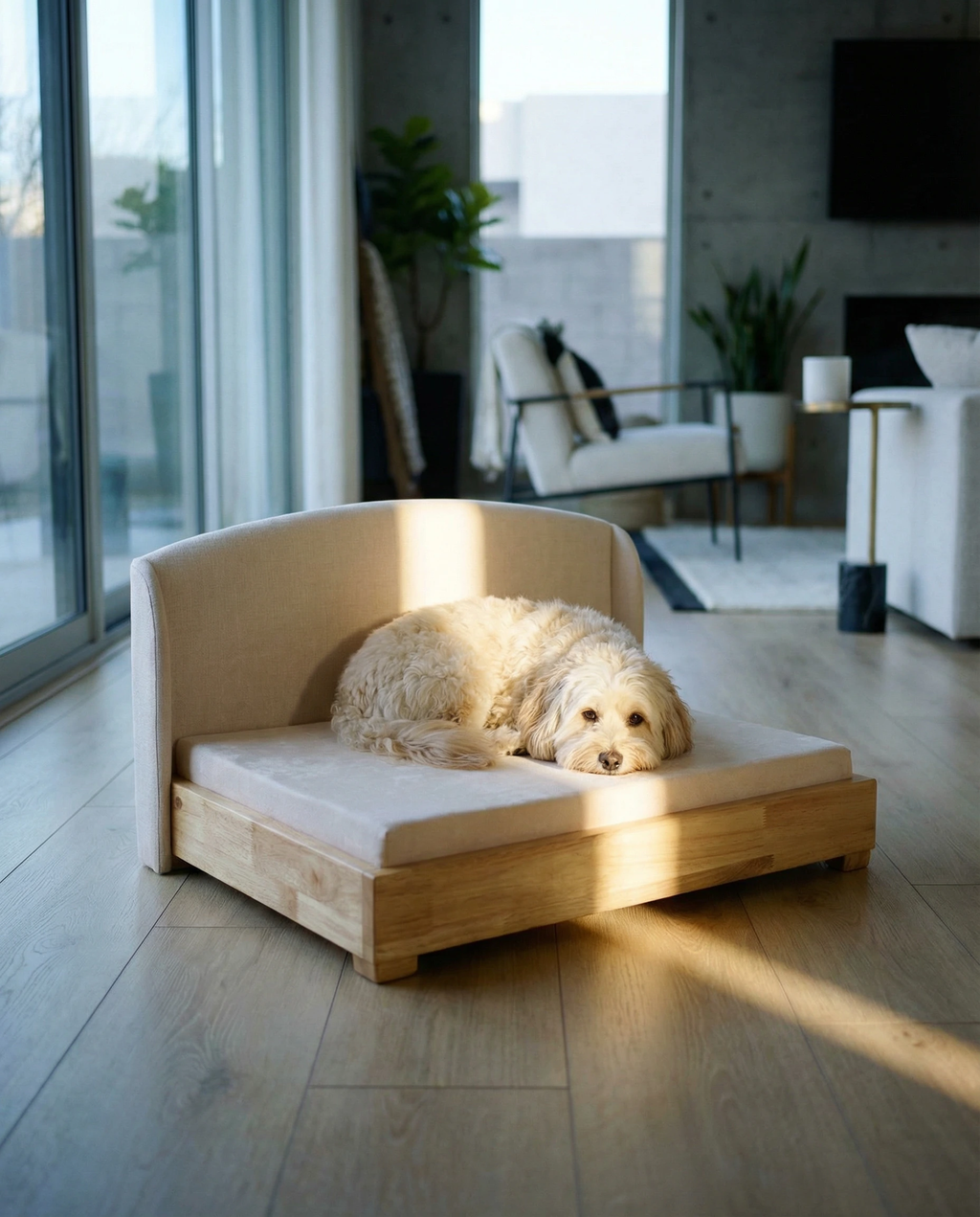 The Haven orthopedic dog bed beside a sofa