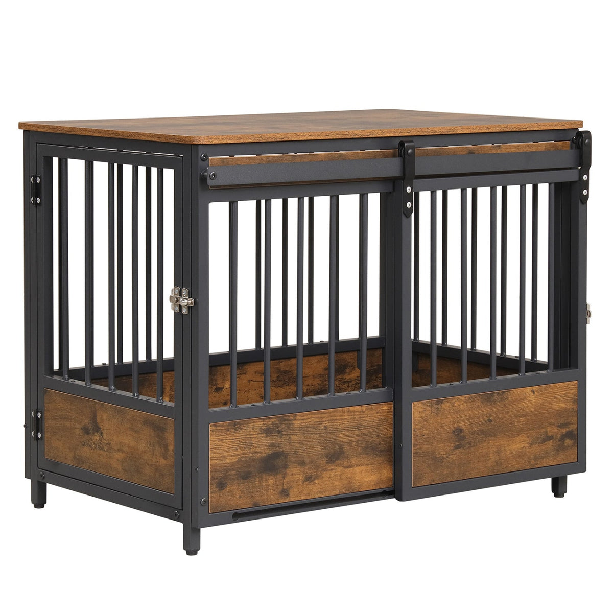 Dog Crate Furniture with Sliding Barn Door and Mat Rustic Brown – photo 2 of 8