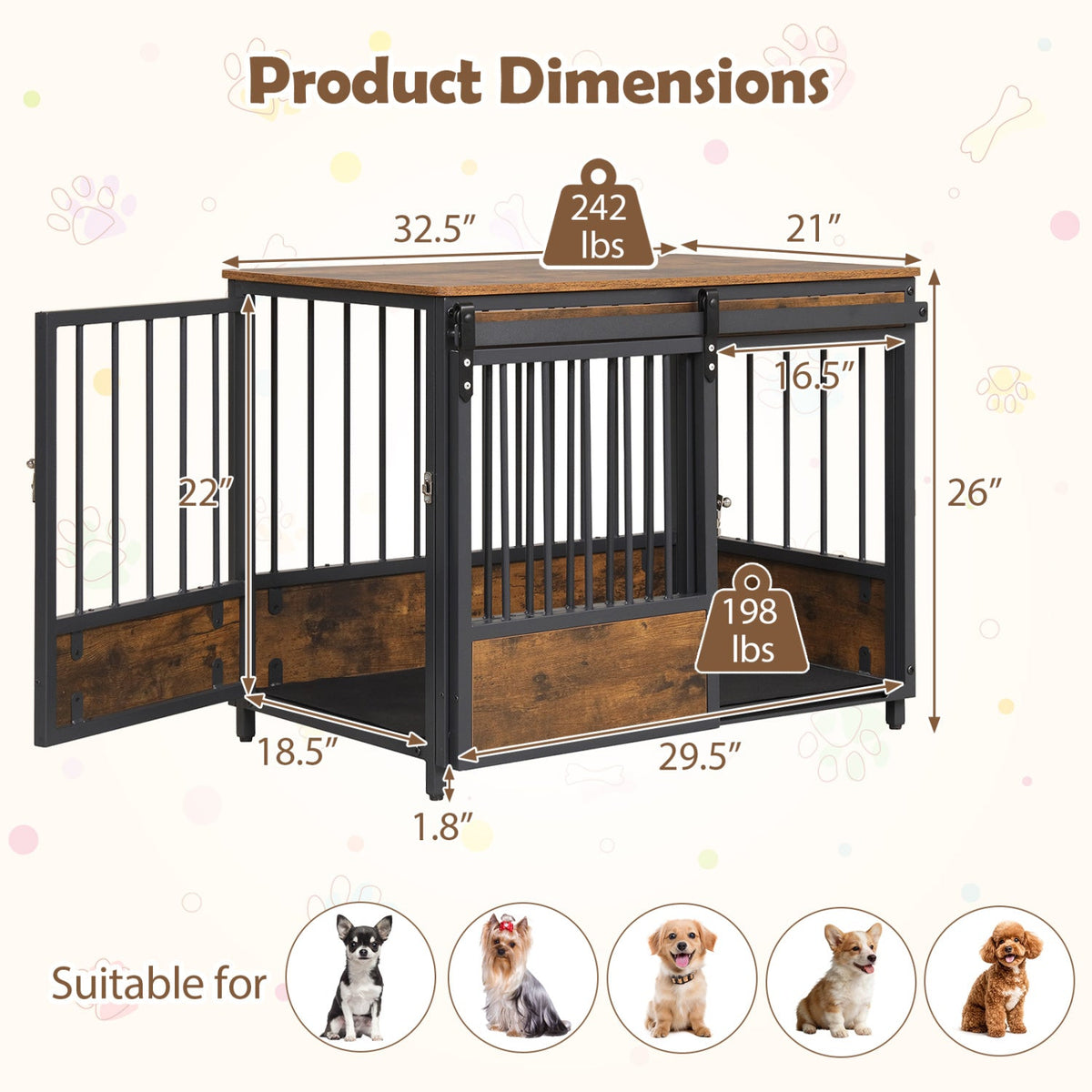 Dog Crate Furniture with Sliding Barn Door and Mat Rustic Brown – photo 4 of 8