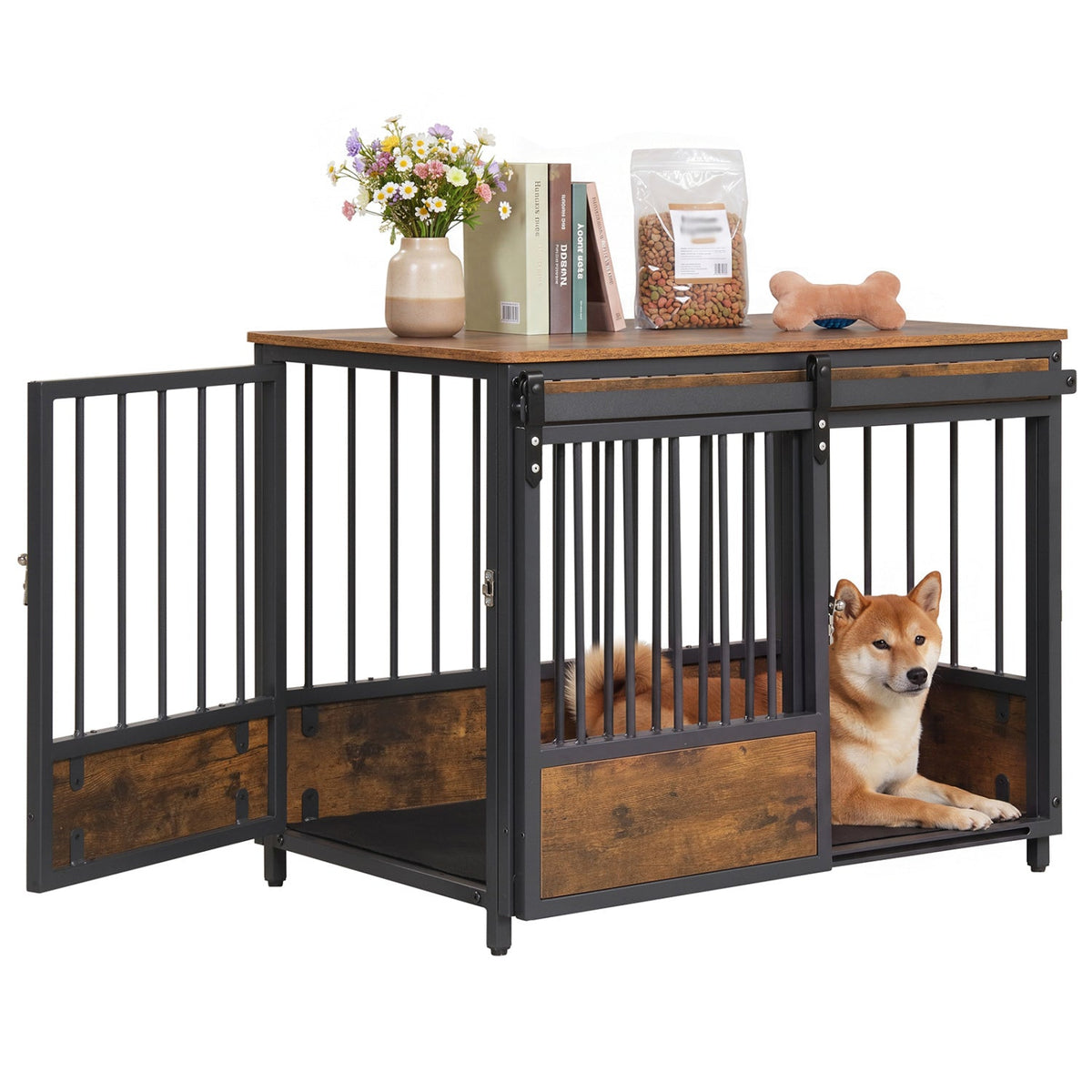 Dog Crate Furniture with Sliding Barn Door and Mat Rustic Brown – photo 3 of 8