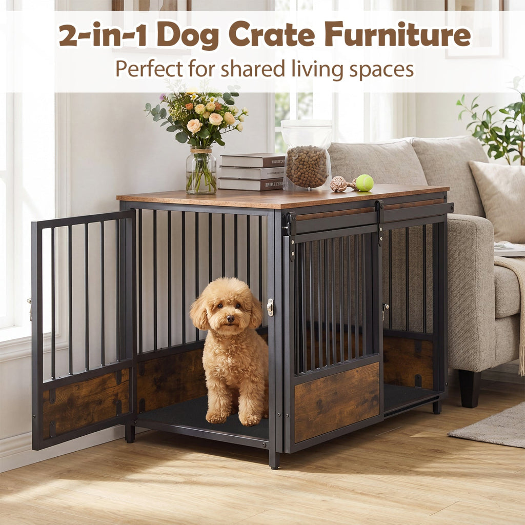 Dog Crate Furniture with Sliding Barn Door and Mat Rustic Brown – photo 5 of 8