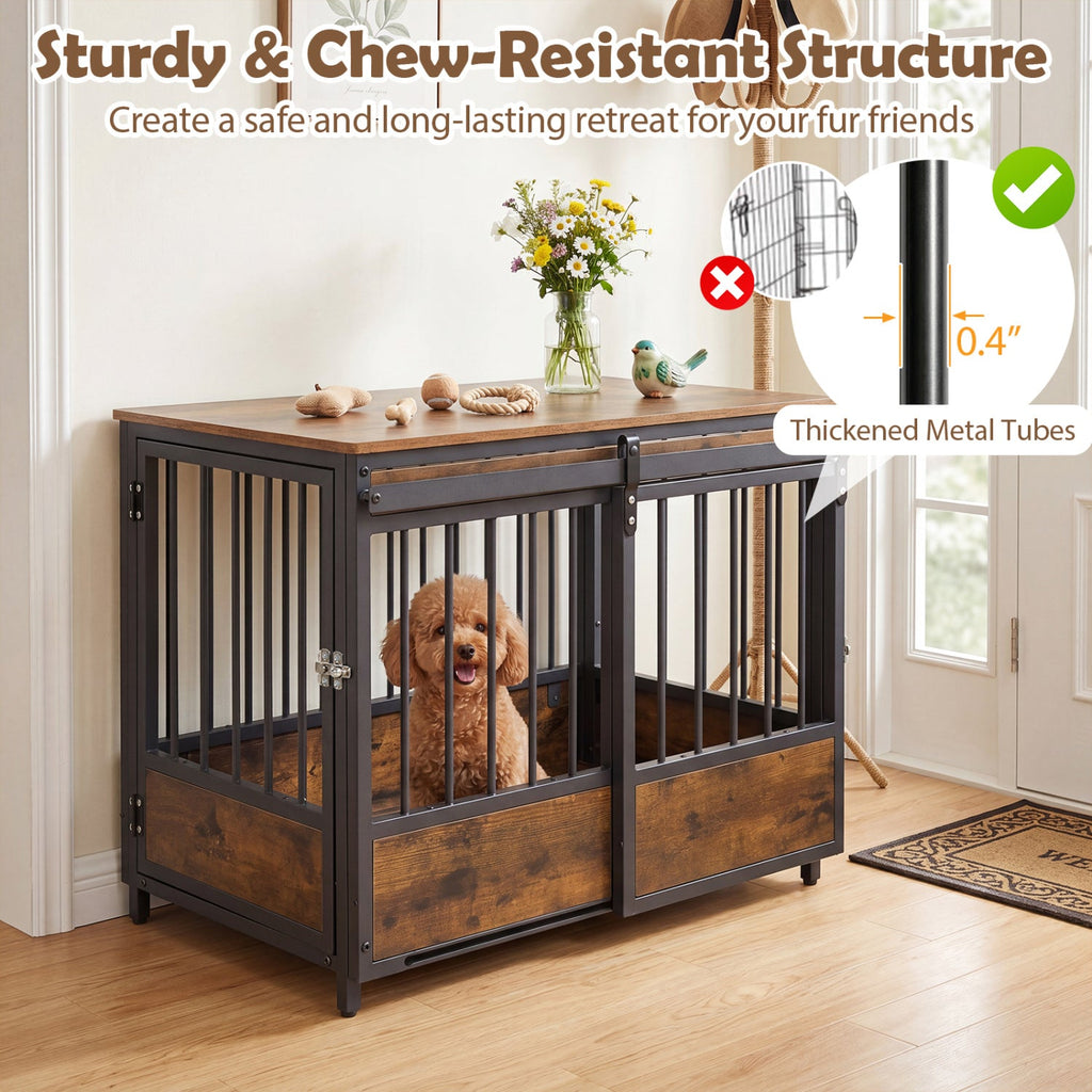 Dog Crate Furniture with Sliding Barn Door and Mat Rustic Brown – photo 7 of 8