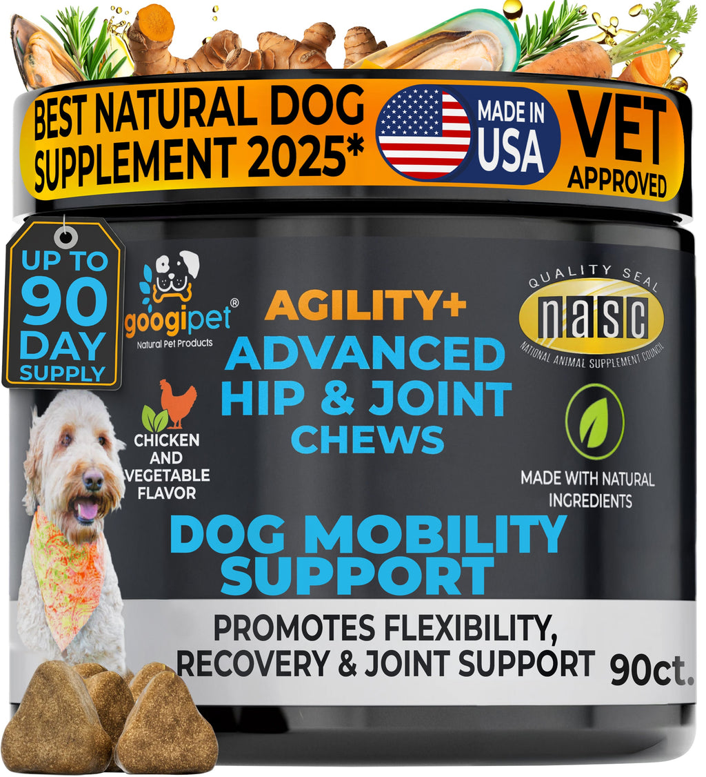 Googipet Agility+ Advanced Hip and Joint Chews for Dogs jar, front label, chicken and vegetable flavor, 90 count