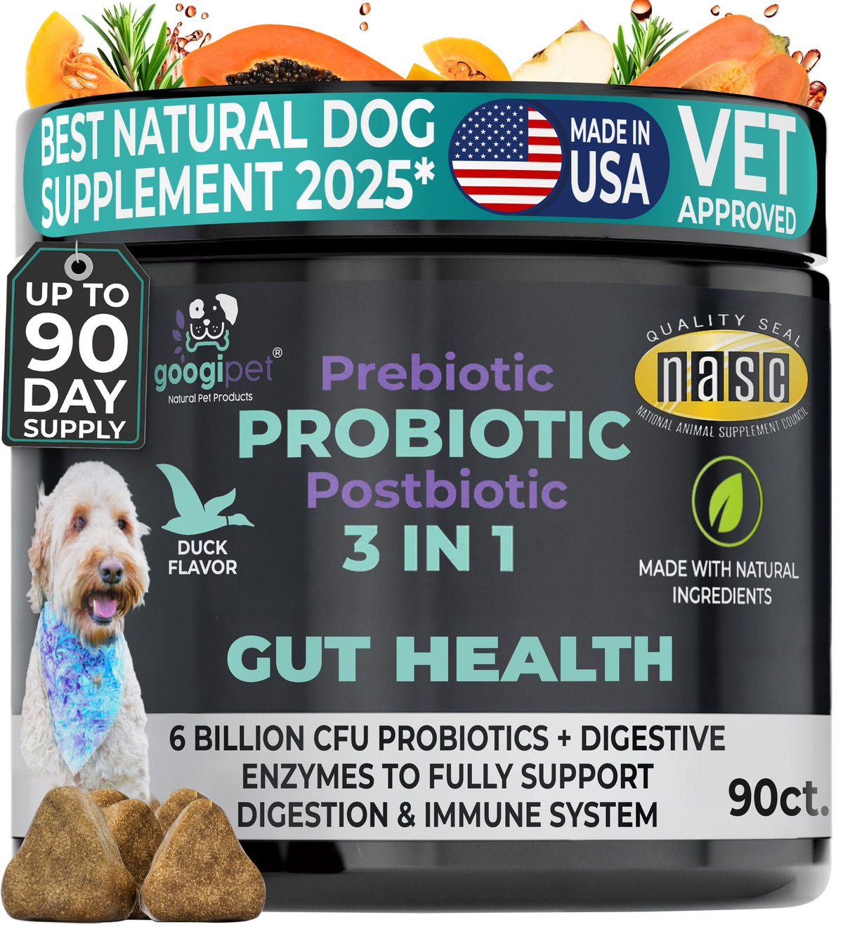 Googipet 3 in 1 Probiotic Chews for Dogs jar, front label, duck flavor, 90 count