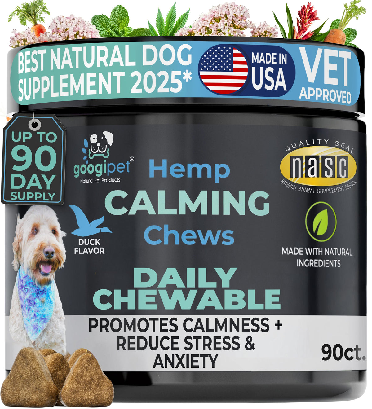 Googipet Hemp Calming Chews for Dogs jar, front label, duck flavor, 90 count