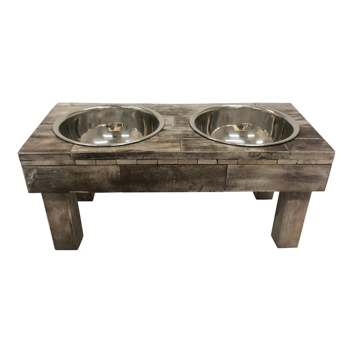 Huntley Pet Berjen Table Elevated Double Bowl Feeder – Brown Wash – front view