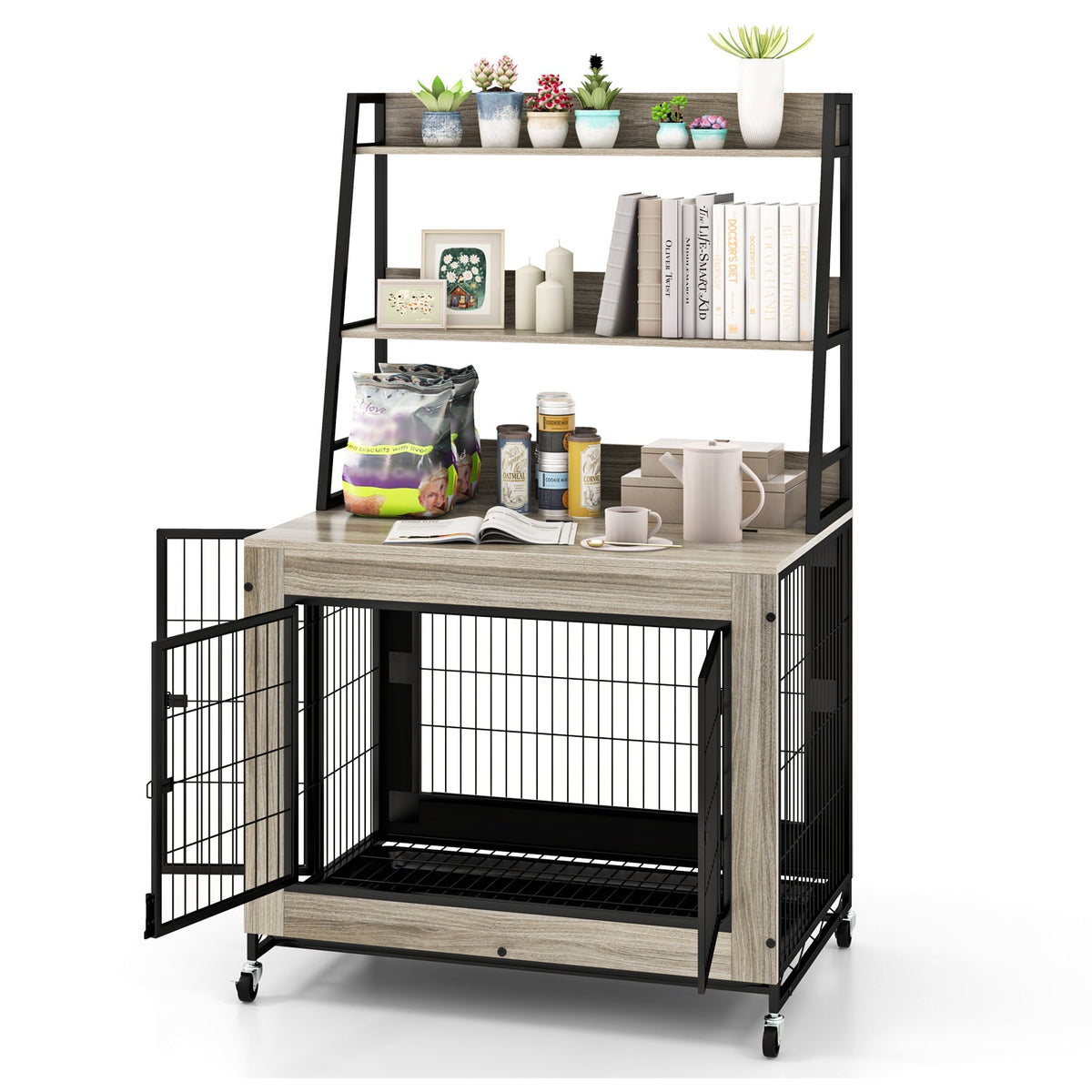 Industrial Dog Kennel Dog Crate Furniture with Storage Shelves – alternate view 9