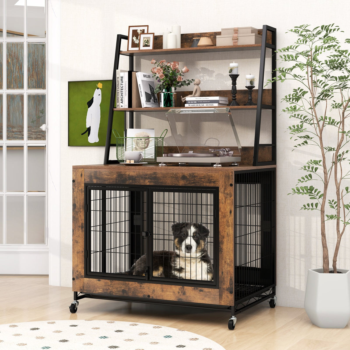 Industrial Dog Kennel Dog Crate Furniture with Storage Shelves – front view