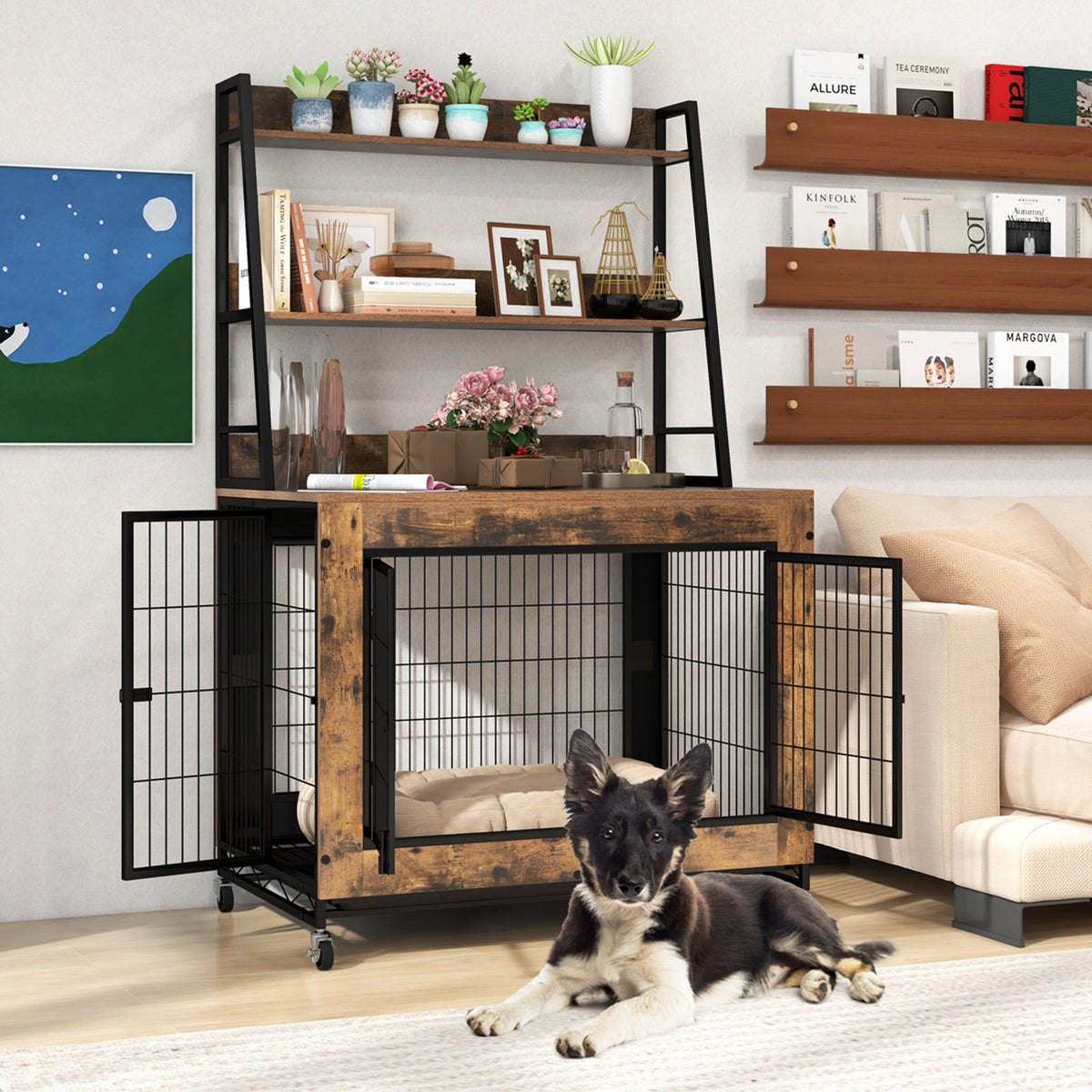 Industrial Dog Kennel Dog Crate Furniture with Storage Shelves – alternate view 2