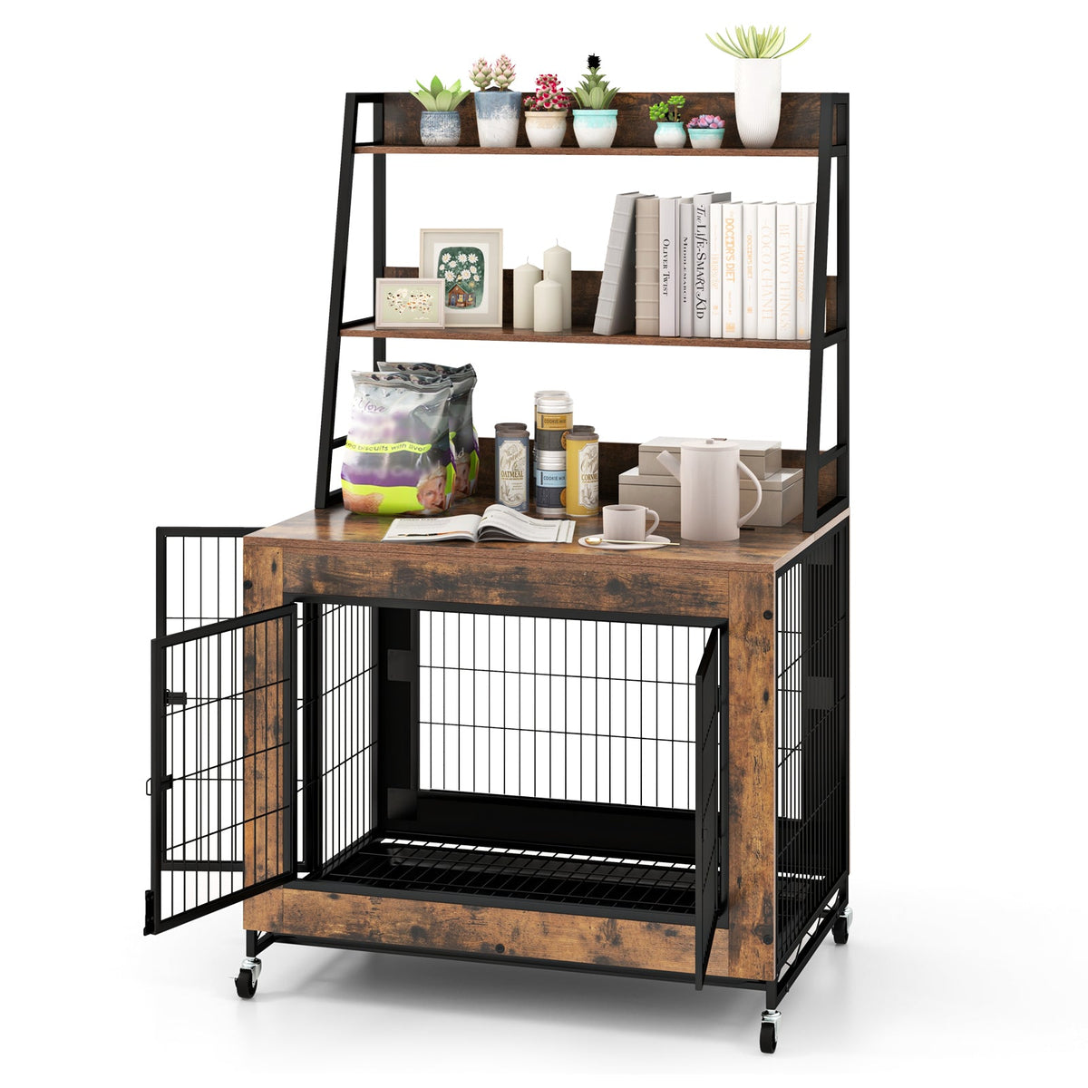 Industrial Dog Kennel Dog Crate Furniture with Storage Shelves – alternate view 3