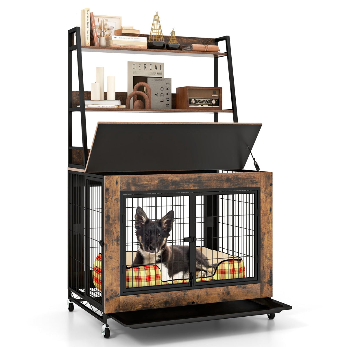 Industrial Dog Kennel Dog Crate Furniture with Storage Shelves – alternate view 4