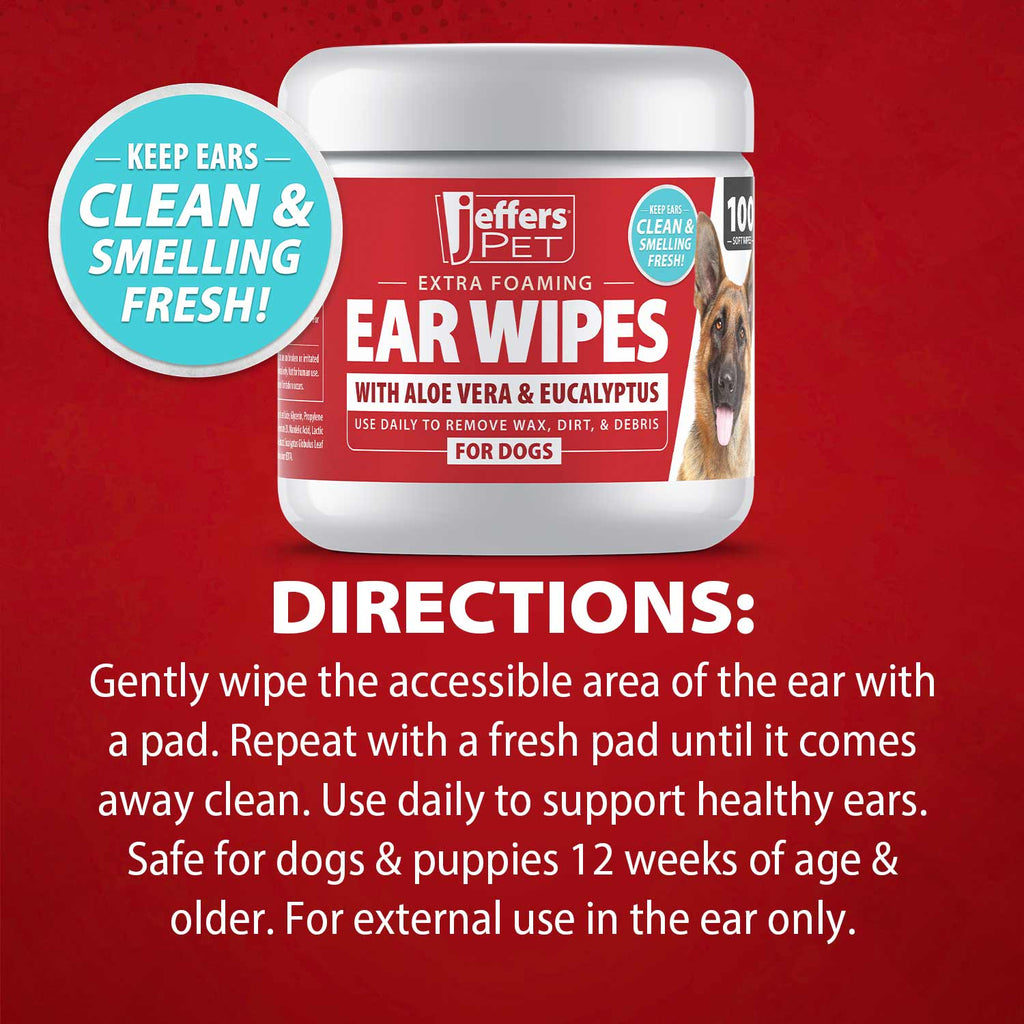 Jeffers dog ear cleaning wipes 100 count, directions for use panel