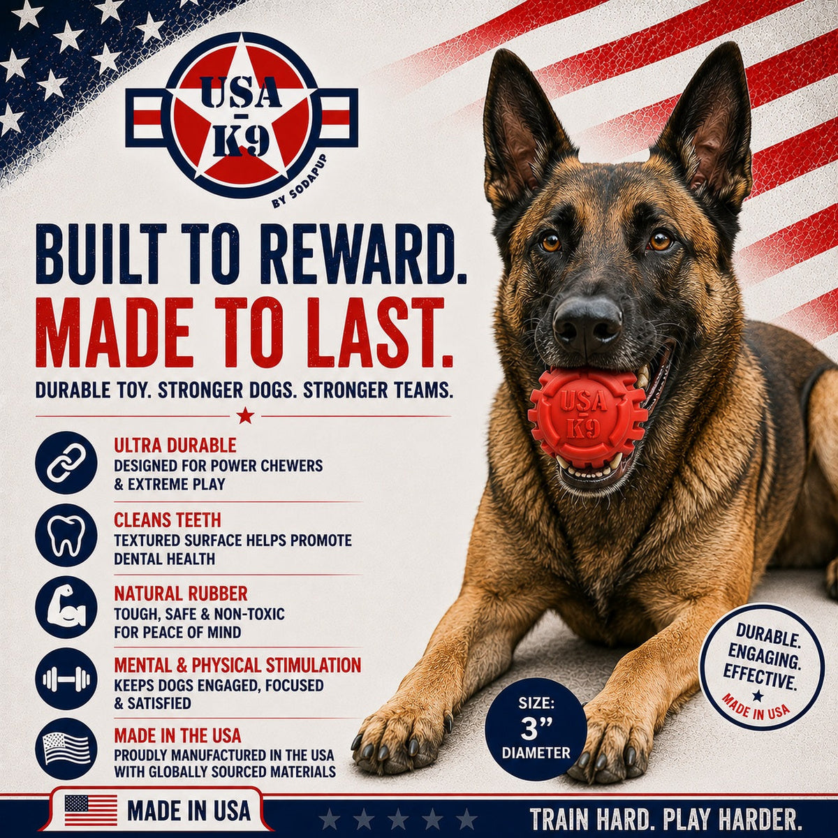 USA-K9 Stars and Stripes red rubber dental ball dog toy – photo 5 of 10