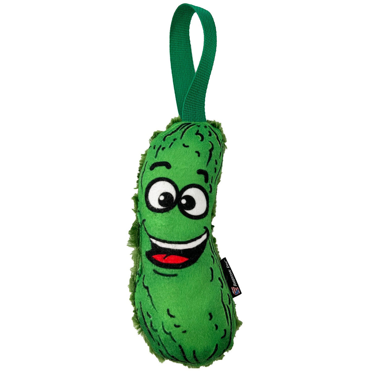 Lucky Dog pickle plushie squeaky tug toy with green handle