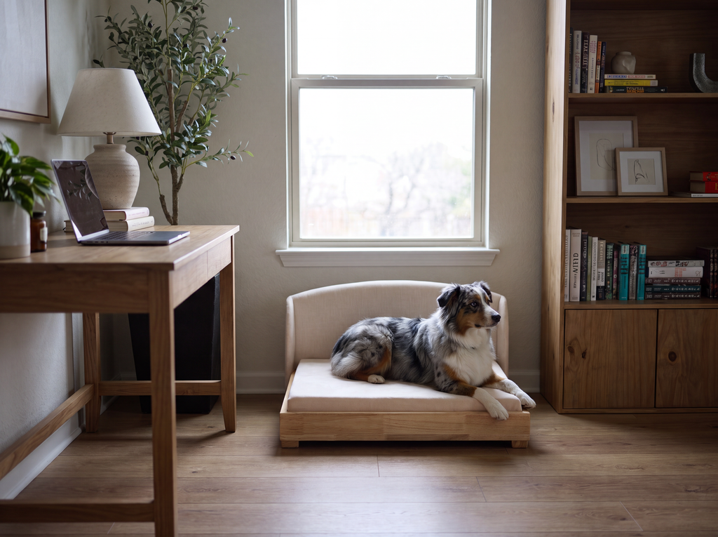 The Haven solid hardwood orthopedic dog bed with tailored upholstered cover