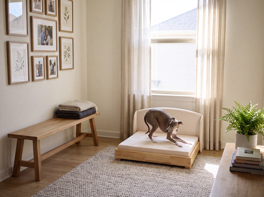 Furniture-grade hardwood dog bed with curved bolster backrest