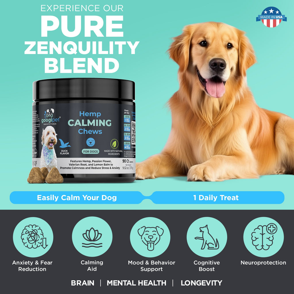 Pure Zenquility Blend benefits infographic with golden retriever and hemp calming chews jar