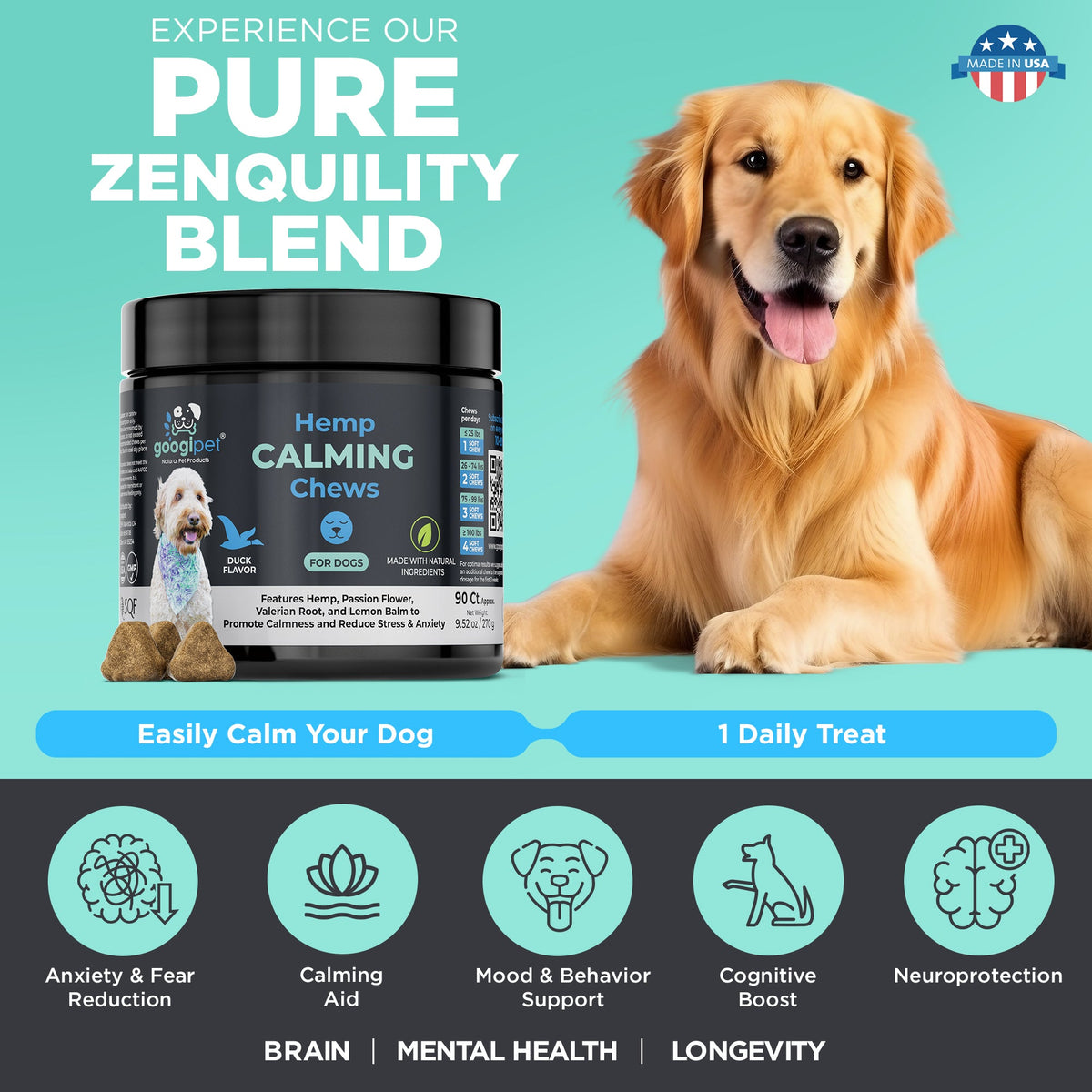 Pure Zenquility Blend benefits infographic with golden retriever and hemp calming chews jar