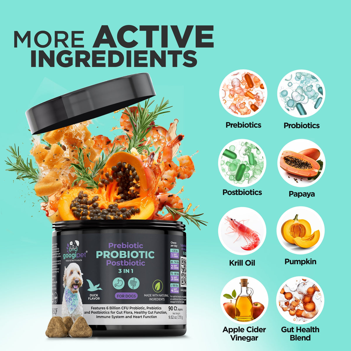 Probiotic chews active ingredients infographic with papaya, krill oil, pumpkin and apple cider vinegar