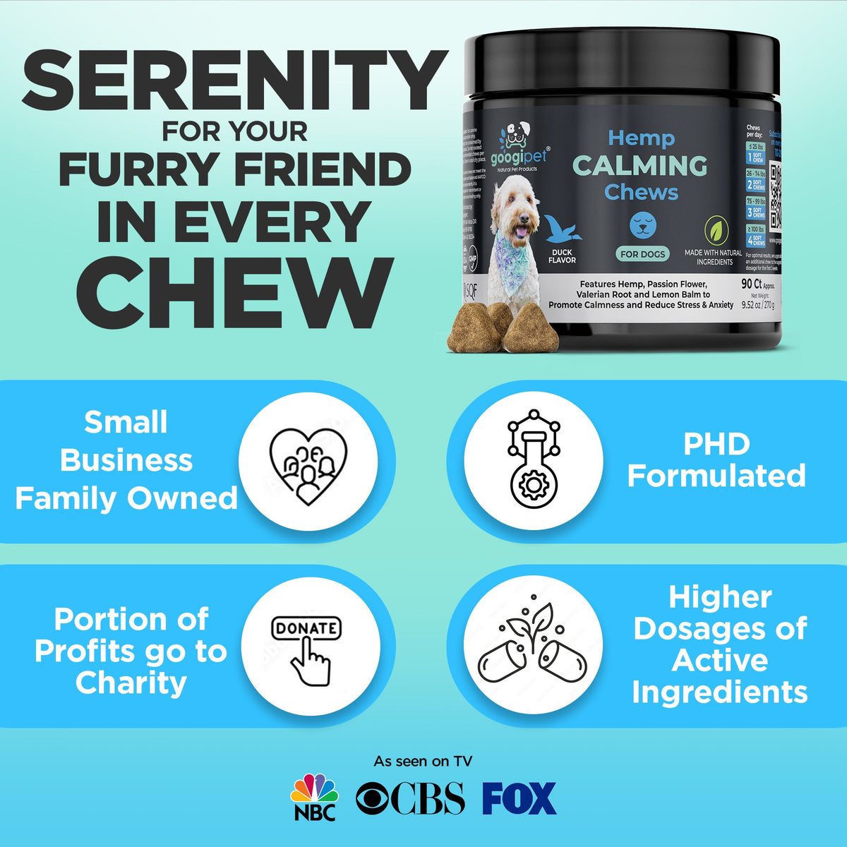Serenity in every chew brand trust graphic for hemp calming chews, as seen on NBC, CBS and Fox