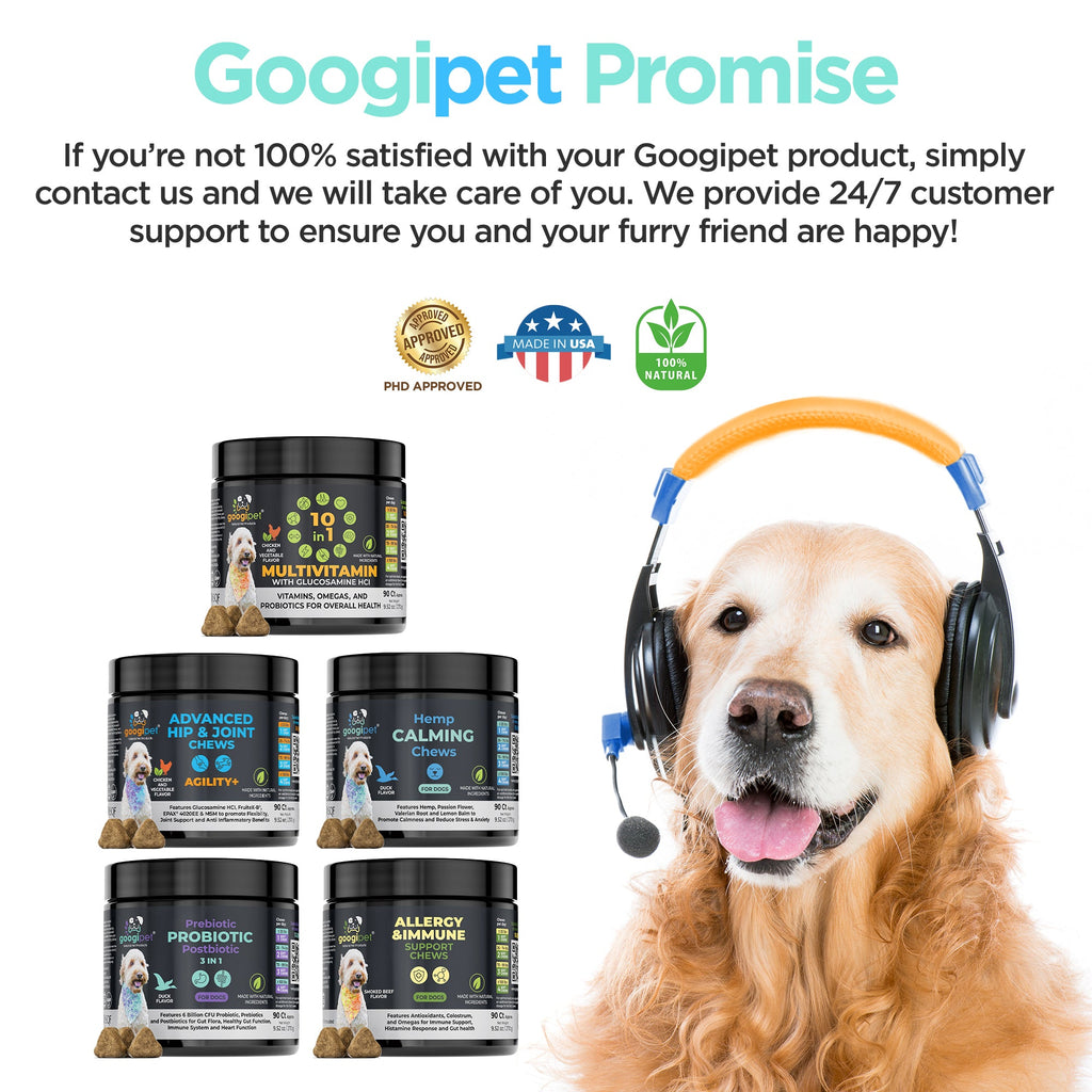 Googipet Promise satisfaction guarantee graphic with supplement lineup and golden retriever wearing a headset