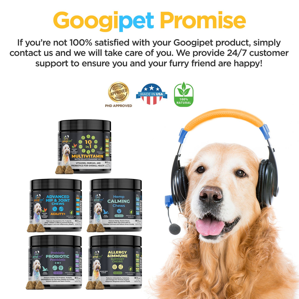 Googipet Promise satisfaction guarantee graphic with supplement lineup and golden retriever wearing a headset