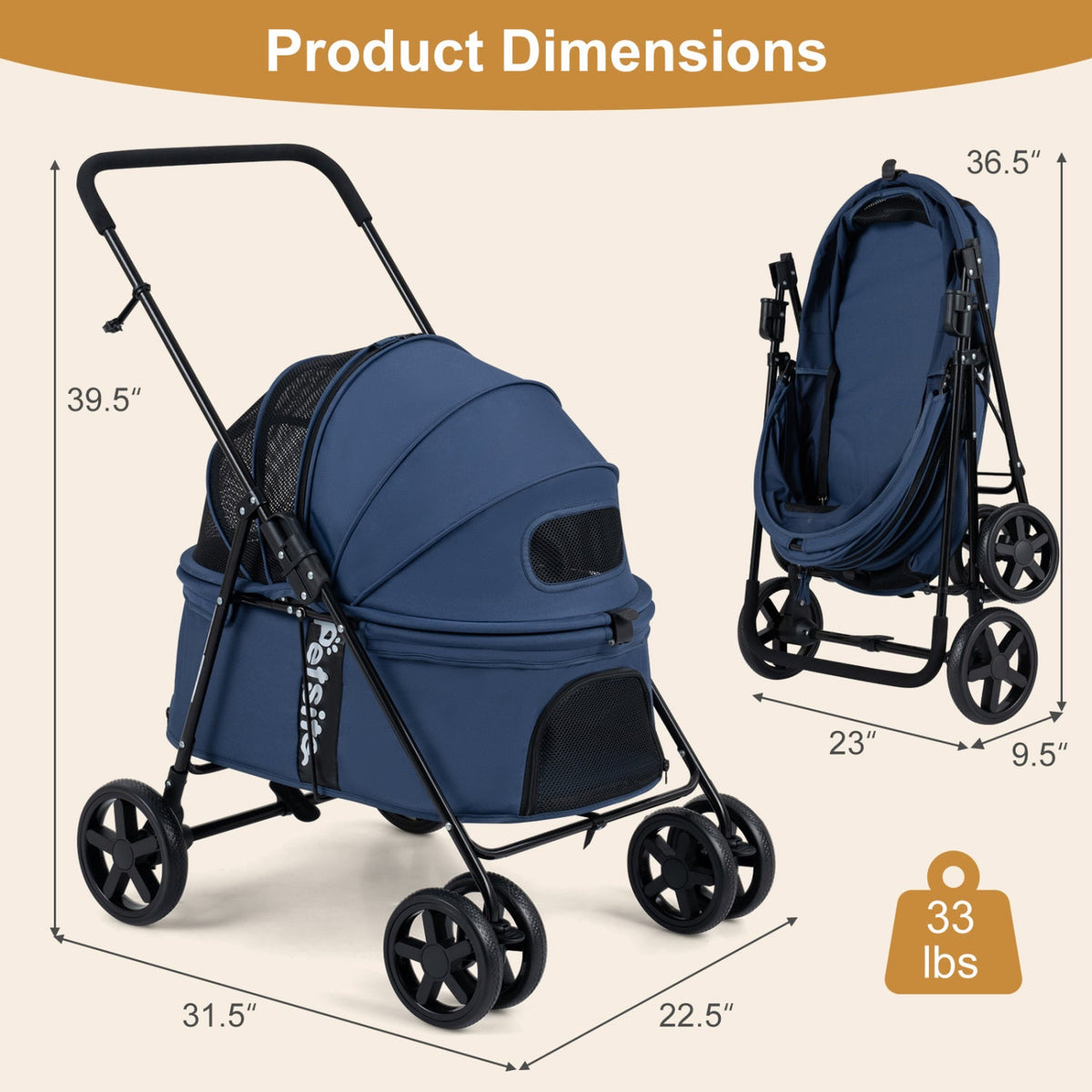 Foldable Pet Stroller for Small to Medium Dogs with Brake – photo 21 of 24